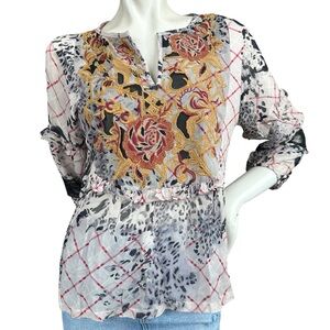 Anthropologie “Matilda” Floral Embroidered Animal Print Peasant Blouse Small
